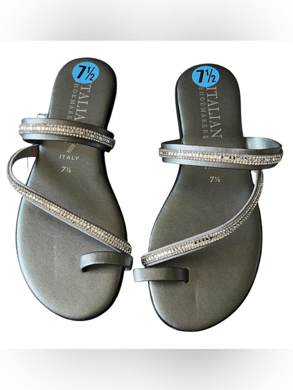 Italian Shoemakers Silver Rhinestone Trim Flat Grey  Sandals Size 7 1/2 NWOB